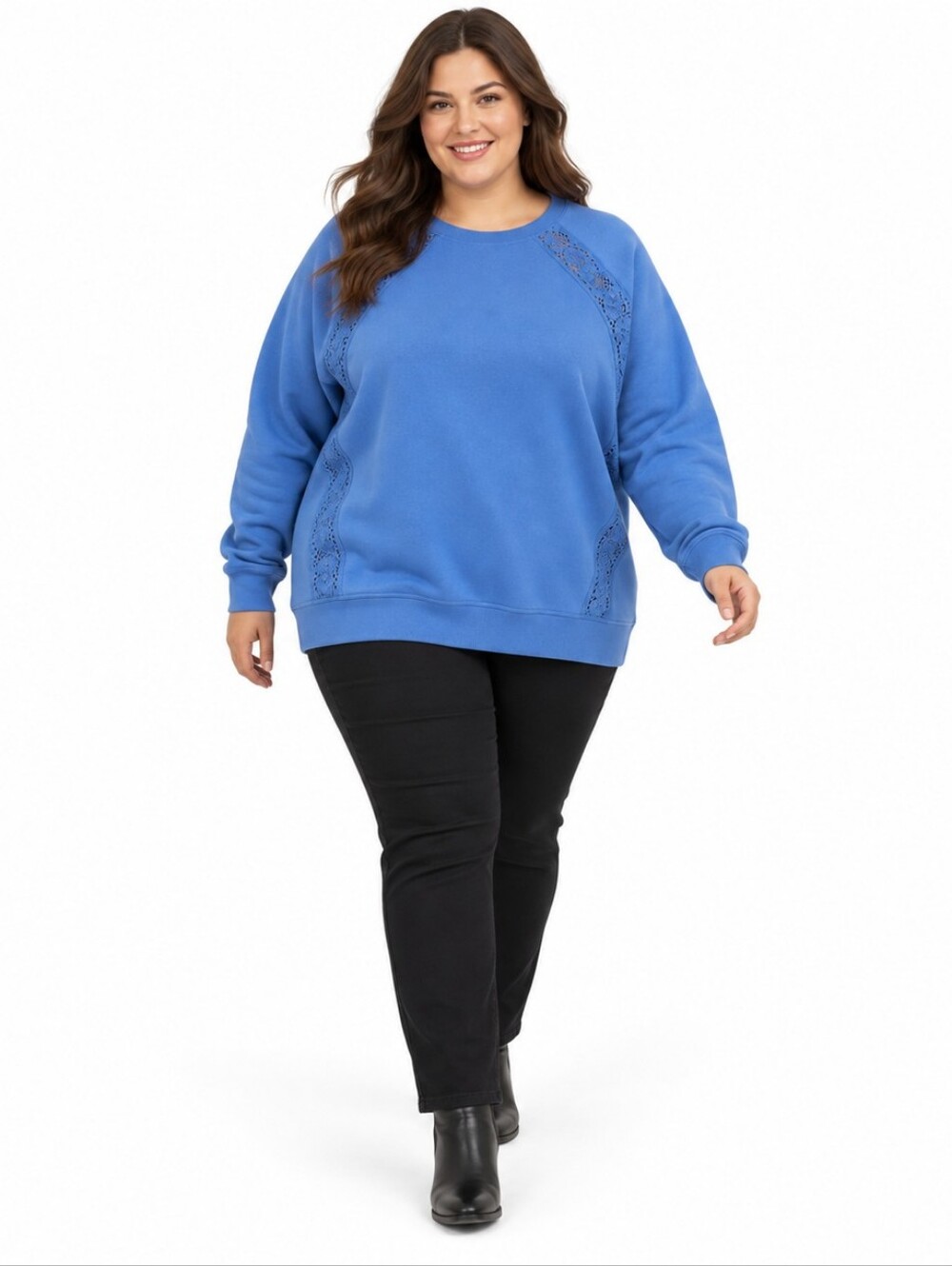 TORRID 4X bright cobalt blue crew neck lace detail fleece lined warm sweatshirt
